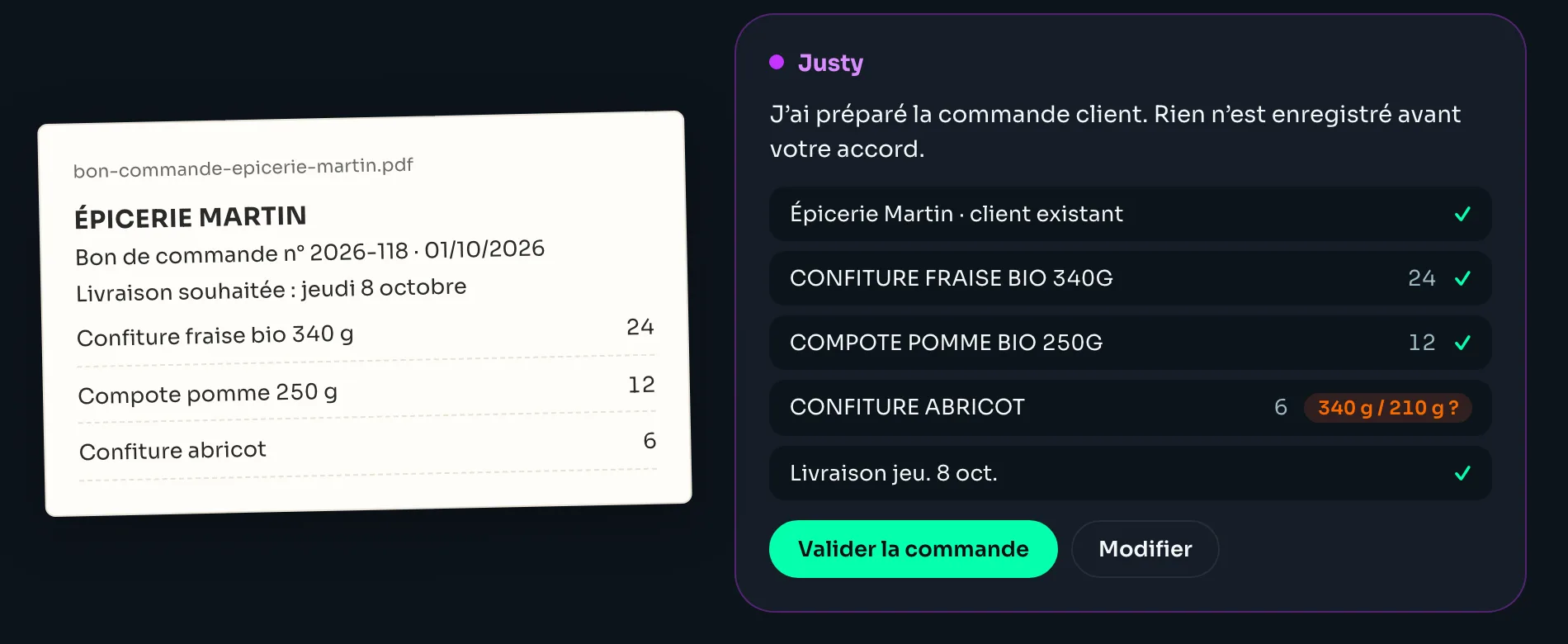 À gauche un bon de commande PDF, à droite la commande préparée par Justy dans JustUp, avec une question sur un format ambigu avant validation